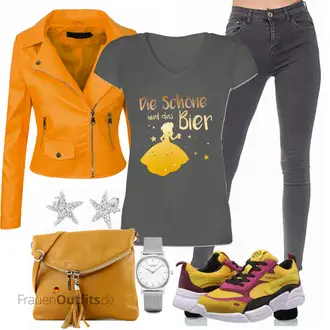 Outfit mit Gelb/Orange Motorradjacke/Jacke mit Seitlichem Reißverschluss/KunstLederjacke/Bikerjacke Rock Creek Selection "Outfit für den Frühling"