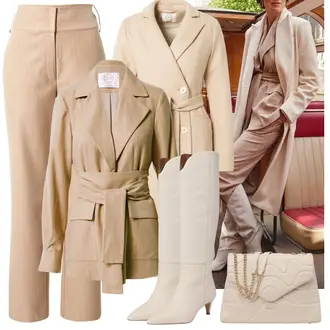 Cowgirl Outfit mit Beige/Weiß/Khaki Kniehoher Stiefel/Langer Stiefel/Overknee Stiefel/Spitzer Stiefel/Vintage Stiefel About You "Stylischer Bürolook"Look: Uni, Stil, 80er, Cowgirl, Safari, Western