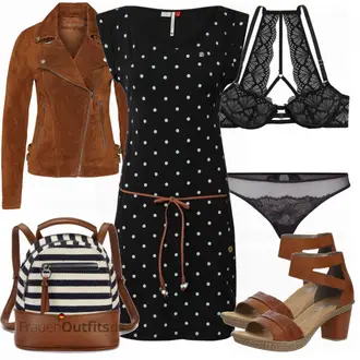 Midi Outfit mit Schwarz Kleid Große Größe/Tunika/Kleid mit Gürtel/Polka Dot-Kleid Ragwear "Schönes Freizeit Outfit"