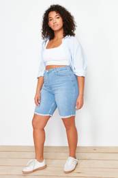 Curve Blue Leg Tassel Detailed Stretchy Skinny Denim Shorts