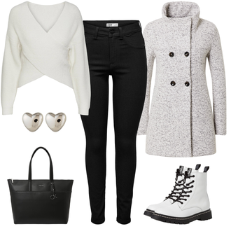 Wasserfall-Ausschnitt Outfit mit Grau/Braun/Beige Bouclé Mantel/Strickfleece Mantel/Strickmantel/Wollfleece Mantel/Wintermantel Wollmantel Only "Stylisher Look"