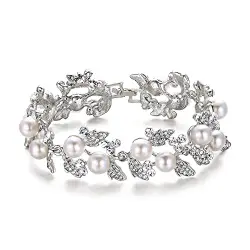 EVER FAITH® österreichisches Kristall künstliche Perle elegant Blätter Armband Klar Silber-Ton N01549-1