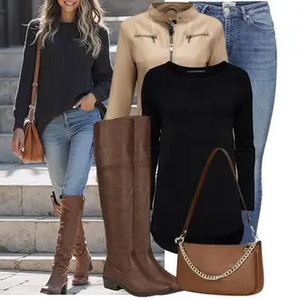 Ausgefallene Ab 50 Outfit mit Blau/Hellblau Knöchelstiefel/Jeans mit Schlitz/Biker Jeans/Slim Fit Jeans/Schlupfjeans/Thermojeans/Winterjacke/Leder Schuhe/High Waist Jeans/Push up Jeans Only "Stylisches Outfit für den Frühling"Look: Trendige, Nahtlos, Schlichte, Casual, Classic, Vintage, Elegant, Overdressed, Ausgefallene, 70er, Sexy