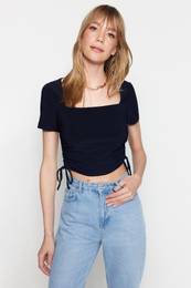 Navy Blue Square Neck Gather Detailed Fitted Crop Stretchy Knitted Blouse