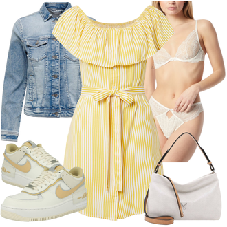 Pruhovaný Outfit s Žlutá Šaty S Odhalenými Rameny/Ležérní Šaty/Šaty Carmen/Šaty s Páskem/Letní Šaty About You "Perfektní na jaro"