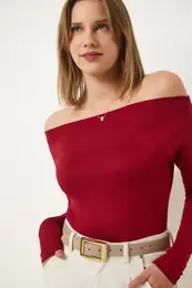 Happiness stanbul Women's Burgundy Boat Neck Knitted Blouse