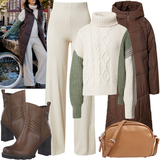 Outfit s Hnědá Doplňek/Dlouhý Zimní Kabát/Taška Přes Rameno/Dlouhá tylová sukně/Dlouhé Šaty "Podzimní Outfit"