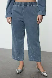 Curve Light Blue Elastic Waist Stoned Straight Fit Plus Size Jeans