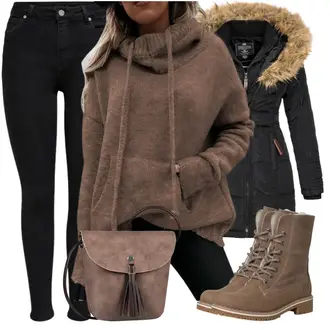 Outfit mit Schwarz Daunen & Steppmantel/Outdoormantel/Kapuzenmantel/Daunenmantel/Mantel mit Fellkragen/Wintermantel/Mantel mit Reißverschluss/Parka Geographical Norway "Perfekt Für Den Winter"
