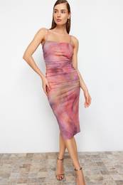 Multicolored Abstract Patterned Knitted Elegant Evening Dress