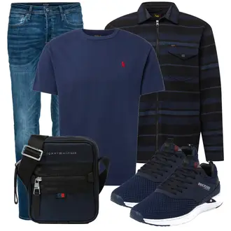 Outfit mit Blau/Hellblau/Dunkelblau Slim Fit Jeans/Low Rise Jean/Leder Schuhe/Low Waist Jean/Lederjacke/Schlupfjeans/Winterjacke/Knöchelstiefel/Push up Jeans/Tapered-Jeans/Regular-Fit Jeans/Damen 7/8-Länge Jeans Jack & Jones "Cooler Look für den Frühling"