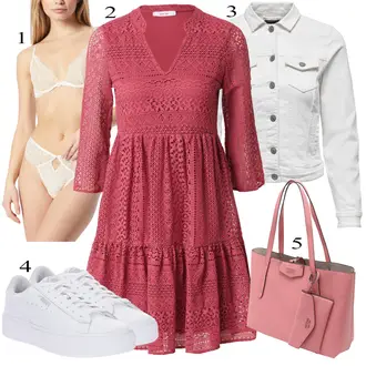 Etno apranga su Raudona/Rožinė/Tamsiai raudona Women's Uncategorized About You "Jarné Outfit"Look: Boho, Mom, Per Daug apsirengęs, Romantiškas, Etno, Babydoll, Hipis