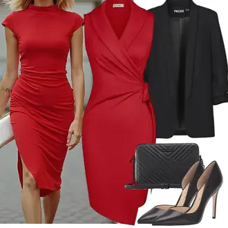 Hochzeitsgast Outfits Old Money mit Rot/Dunkelrot Einfarbig Kleid/Kleid mit Wasserfall-Ausschnitt/Bodycon-Kleid/Etuikleid/Wickelkleid GRACE KARIN, Braun/Weiß/Dunkelbraun Vintage Pumpe/Lederschuh/Eleganter Schuh/Slingback Pumps/Slingpump/Bequemer Pump/Business-Schuh/High Heel Pumps/Hochfrontpump JESSICA SIMPSON "Eleganter Look"Look: Boyfriend, Elegant, Vintage, Schön, Stil, Business, Burlesque, Overdressed, Old Money, Italienische, Edel, Schick, Französische, Büro