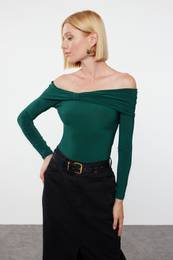 Emerald Green Drape Detailed Fitted Long Sleeve Stretchy Knitted Blouse