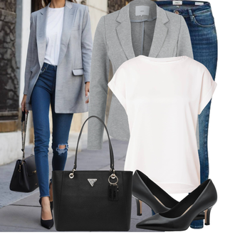 Na Procházku Outfit s Modrá/Lilové barvy/Tmavě modrá/Světle modrá Kožená bunda/Dámské Džíny s Délkou 7/8/Džíny s Nízkým Sedem/Džíny s Dírou/Kožené Boty/Navlékací džíny/Push up Džín/Džíny s Rozparkem/Džín s Nízkým Pasem Only, Šedá/Světle šedá Ichi, Černá/Tmavě červená/Bílá/Hnědá Obchodní Taška/Kancelářská Taška/Shopper taška Guess "Stylový look na jaro"Look: Na Procházku, S ramenními vycpávkami, Běhání, Volný čas, Pracovní, Jízda na koni