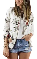 ECOWISH Damen Casual Jacke Blumenmuster Langarm Bomberjacke Reißverschluss Stehkragen Outwear Kurz Coat Herbst Frühling Weiß XL