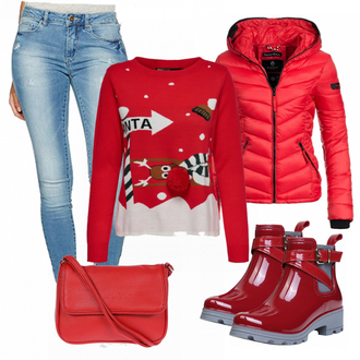 Outfit mit Dunkelrot Weihnachtspullover "Santa"