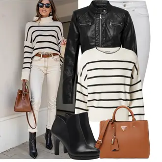 Outfit sa Crna/Bijela Gležnjača na visoku petu/Gležnjača s platformom/Kožna gležnjača/Kožna Jakna/Podstavljena Gležnjača/Čizma na visoku petu Tamaris "Moderna kombinacija za proljeće"