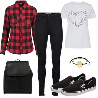 Outfit mit Rot/Braun/Lila Flanellhemd/Kariertes Hemd Urban Classics "ONLY Jeans schwarz"