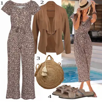 Elegantní Outfit s Hnědá/Fialová Slavnostní Overall/Letní Overall/Overal se širokými nohavicemi/Elegantní Overal/Svatební kombinéza Lascana "Plážový outfit"Look: 50. Let, Jazz, Vintage, Divoký Západ, Elegantní