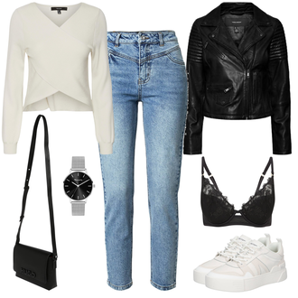 Outfit mit Schwarz Lederjacke VERO MODA "Kontrast Alltagslook"