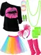 Blulu 80 Jahre Kostüm Zubehör Set, T-Shirt Tutu Stirnband Ohrring Halskette Beinlinge(M,Regenbogen)