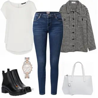 Oversize Kurz Outfit mit Schwarz Chelsea Boot/Lederjacke/Flache Stiefelette/Gummistiefelette About You "Karo Alltagsoutfit"Look: Uni, Schick, Edel, Coole, Oversize, Techno, Unisex, Wetlook