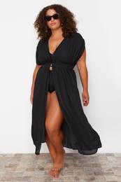 Curve Black Low Sleeve Maxi Length Button Detailed Beach Wear Kimono & Kaftan