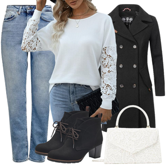 Schlichte Outfit mit Hellblau/Blau Straight Leg Jean/Formelles Hemd/Winterjacke/Jeans mit Schlitz/Vintage Jeans/Dad Jeans/Girlfriend Jeans/Tapered-Jeans/Boyfriend Jean/Mom Jean Only "Modischer Look für den Herbst"Look: Boyfriend, Vintage, Classic, Schlichte, Casual, 50er Jahre, Retro, Elegant, Trendige, Premium