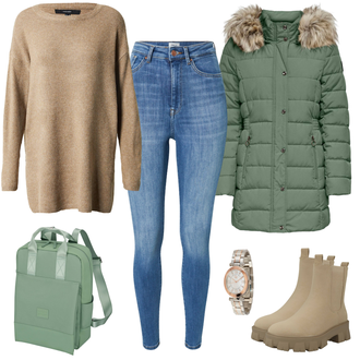 Outfit mit Grün/DunkelGrün/HellGrün Mantel mit Fellkragen/Daunenmantel/Daunen & Steppmantel/Parka/Übergangsmantel/Wintermantel/Puffer Jacke/Winterjacke/Federjacke/Daunenjacke/Winter Parka/Parka-übergangsjacke Only "Warmer Freizeitlook"