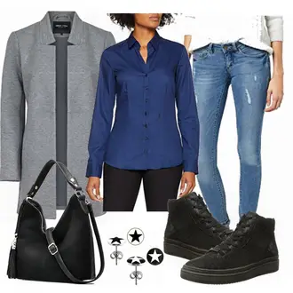 Outfit mit Dunkelblau Bluse Mit Ellen­bogen-patch/LangarmBluse/Bluse Mit Knopf/Bluse mit Stehkragen/Bügelfreie Bluse/Slim Fit Bluse/Business Bluse Seidensticker "Beauty"