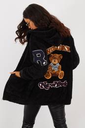 Women's Black Back Printed Hooded Plush Coat