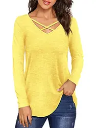 Beluring Damen Casual Criss Cross V-Ausschnitt Oberteile Mode Weiche Bequeme Langarm T-Shirts Gelb M