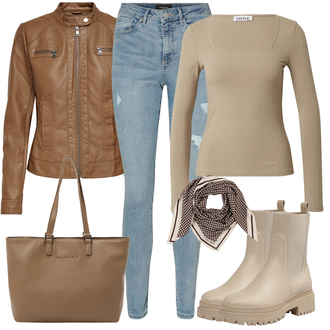 S Resicama Outfit sa Bež/Smeđa/Kaki Kožna Jakna/Podstavljena Gležnjača/Gumena Gležnjača/Ravna Gležnjača/Chelsea Gležnjača About You "Jesenski outfiti"