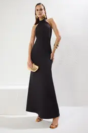 Black Fish Cut Woven Maxi Chic Evening Dress