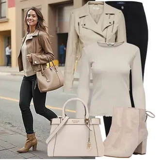 Outfit mit Beige/Khaki/Braun Mantel/Bikerjacke/KunstLederjacke/Jacke mit Seitlichem Reißverschluss/Lederjacke/Motorradjacke Only "Modisches Freizeit Outfit"