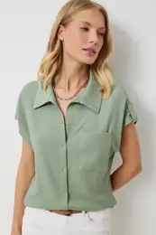 Happiness stanbul Women's Green Comfortable Knitted Shirt with Pockets