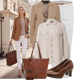 Na Procházku Outfit s Béžová Pieces, Béžová/Hnědá/Khaki/Světle šedá Halenka s Dlouhým Rukávem/Manšestrová Halenka/Oversize Halenka/Blůza s nášivkou na lokti/Blůza s knoflíčkem VERO MODA "Stylový vzhled pro volný čas"Look: Volný čas, Na Procházku, Baseball, Bowling, Jízda na koni