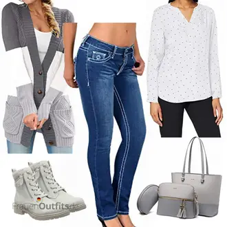 Outfit mit Lila/Braun/Grau/Weiß DruckBluse/Bügelfreie Bluse/Bluse Oberteil/Bluse mit Trichterkragen/Kinderspielzeug/Crash­Bluse/Bluse Mit Ellen­bogen-patch/Gemusterte Bluse/SchlupfBluse/LangarmBluse/Bluse mit Stehkragen/Bluse Mit Kapuze Seidensticker "Bummel Alltagsoutfit"