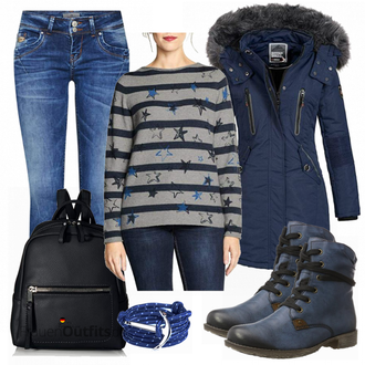 Outfit mit Dunkelblau Kapuzenmantel/Mantel mit Fellkragen/Daunenmantel/Mantel mit Reißverschluss/Parka/Wintermantel Geographical Norway "CECIL Damen"