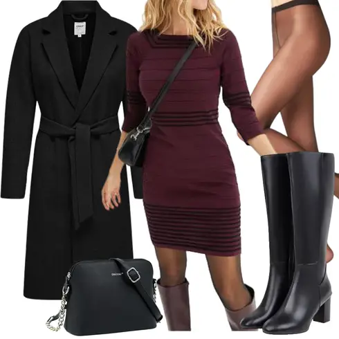 Bordeaux/Lila/Rot/Dunkelrot Strickkleid/Jerseykleid/Schmales Kleid/Langärmliges Winterkleid/Rollkragenkleid/Herbstkleid/3/4 Arm Kleid Yutila kombinieren