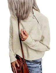SEBOWEL Strickpullover Damen Langarm Pullover Einfarbig Rollkragenpullover Strickpulli Sweater Tops mit Reissverschluss(Aprikose,S)