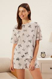 Gray Printed Square Printed Jersey Knitted Pajama Set