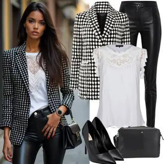 Chic outfity Léto s Šedá/Hnědá/Bílá/Černá/Růžová Boucle Blazer/Tvídové Sako/Kostkované Sako ONLY Carmakoma, Bílá Bustierový Top Gina Tricot, Černá Kalhoty z Umělé Kůže/Legíny Kožený Vzhled/Kožený legíny/Vinylový Legín/Kožená Kalhoty/Skinny Kalhoty JdY, Černá Pantofel/Sandál Na Podpatku/Sandál s podpatkem/Letní Bota/Sandál Na Širokém Podpatku/Lodička Nízký Podpatek celena, Černá Taška/Dopisová peněženka/Brašna/Klasická Taška Přes Rameno/Sportovní Taška Přes Rameno/Bagetová taška/Obchodní Taška/Kancelářská Taška/Malá Taška/Taška Na Notebook Calvin Klein "Elegantní Jarní Outfity"