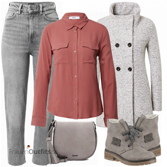 Wasserfall-Ausschnitt Outfit mit Grau/Braun/Beige Bouclé Mantel/Strickfleece Mantel/Strickmantel/Wollfleece Mantel/Wintermantel Wollmantel Only "Herbstlicher Look"
