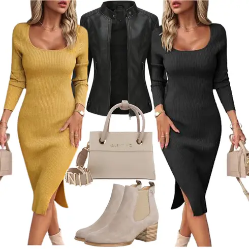 Schwarz/Dunkelgrau/Lila/Grau Schickes Kleid/Langärmliges Winterkleid/3/4 Arm Kleid/Herbstkleid/Midikleid/Kleid mit geradem Schnitt/Langärmliges Kleid/Langes Strickkleid/Schmales Kleid/Bodycon-Kleid/Kleid mit Schlitz VOGMATE kombinieren