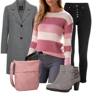 Outfit mit Schwarz Leder Schuhe/Push up Jeans/High Waist Jeans/Damen 7/8-Länge Jeans/Caprijeans/Lederjacke/Cropped Jeans/Thermojeans/Winterjacke/Biker Jeans/Knöchelstiefel Buffalo "Modischer Look für den Herbst"