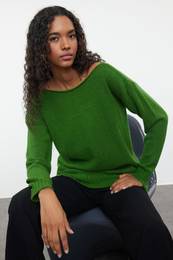 Green Wool Boat Neck Basic Knitwear Sweater