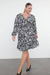 Curve Black Ecru Floral Patterned A-line Mini Knitted Dress Plus Size Dress