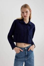 Crop Shirt Collar Poplin Long Sleeve Shirt